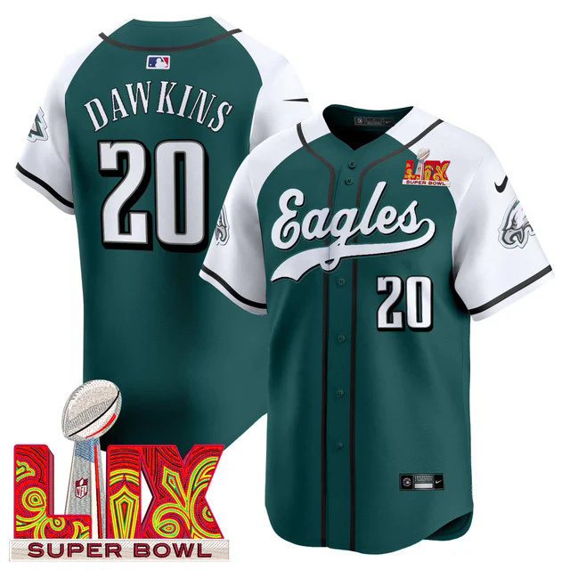 Men's Philadelphia Eagles Midnight Green Super Bowl LIX Vapor Baseball Jersey WHITE&GEREEN #20 DAWKINS.webp