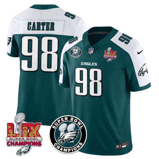 Men's Philadelphia Eagles Super Bowl LIX Champions Jersey ALTERNATE GREEN#98 JALEN CARTER