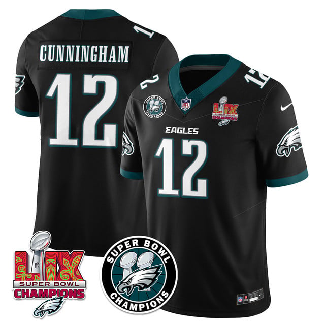 Men's Philadelphia Eagles Super Bowl LIX Champions Jersey BLACK#12 RANDALL CUNNINGHAM