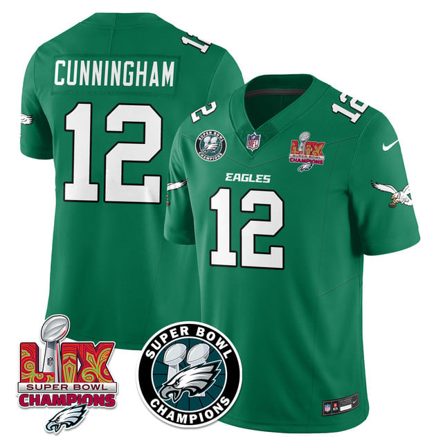 Men's Philadelphia Eagles Super Bowl LIX Champions Jersey KELLY GREEN#12 RANDALL CUNNINGHAM
