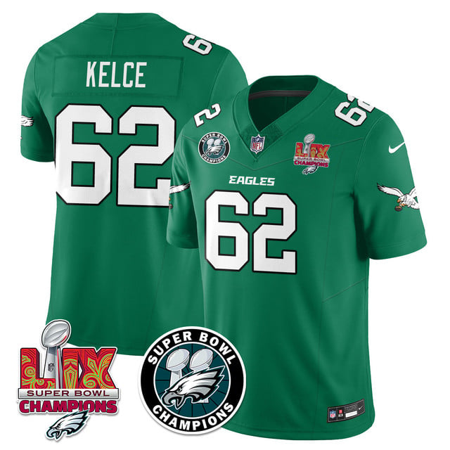 Men's Philadelphia Eagles Super Bowl LIX Champions Jersey KELLY GREEN#62 JASON KELCE