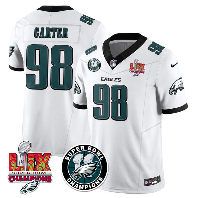 Men's Philadelphia Eagles Super Bowl LIX Champions Jersey WHITE#98 JALEN CARTER