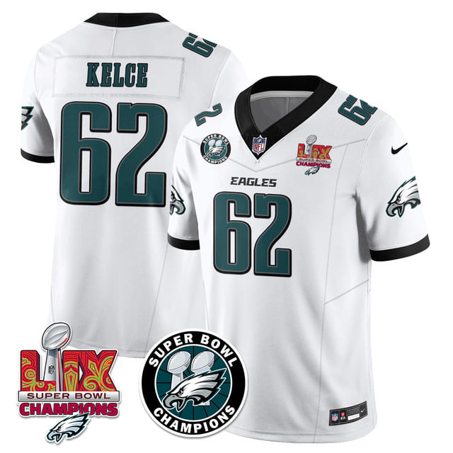 Men's Philadelphia Eagles Super Bowl LIX Champions Jersey white #62 Jason Kelce