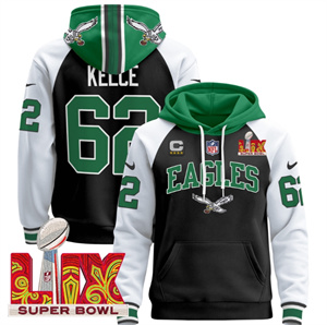 Men's Philadelphia Eagles Super Bowl LIX Patch Pullover Hoodie - All Stitched Black Alternate Jason Kelce 62