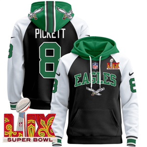 Men's Philadelphia Eagles Super Bowl LIX Patch Pullover Hoodie - All Stitched Black Alternate Kenny Pickett 8