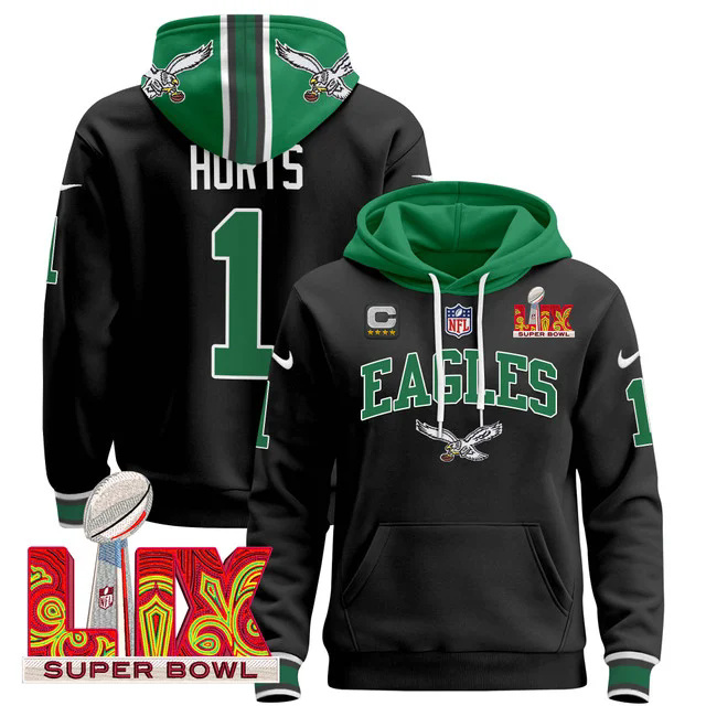 Men's Philadelphia Eagles Super Bowl LIX Patch Pullover Hoodie BALCK #1 HURTS.webp