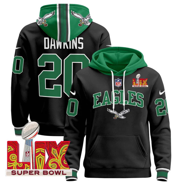 Men's Philadelphia Eagles Super Bowl LIX Patch Pullover Hoodie BALCK #20 DAWKINS.webp