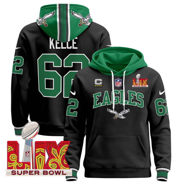 Men's Philadelphia Eagles Super Bowl LIX Patch Pullover Hoodie BALCK #62 KELCE.webp
