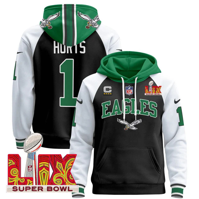 Men's Philadelphia Eagles Super Bowl LIX Patch Pullover Hoodie BLACK&WHITE #1 HURTS.webp