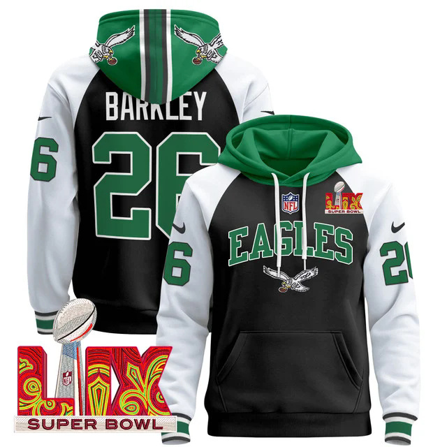 Men's Philadelphia Eagles Super Bowl LIX Patch Pullover Hoodie BLACK&WHITE #26 BARKLEY.webp