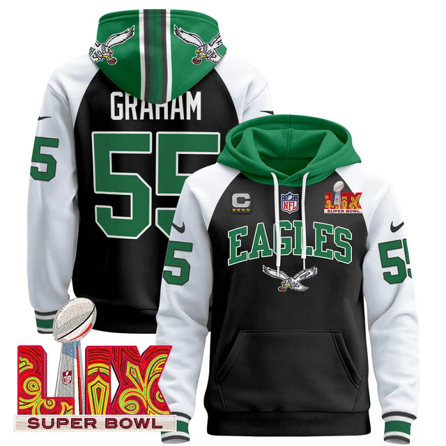 Men's Philadelphia Eagles Super Bowl LIX Patch Pullover Hoodie BLACK&WHITE #55 GRAHAM.webp