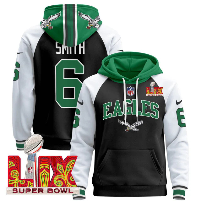 Men's Philadelphia Eagles Super Bowl LIX Patch Pullover Hoodie BLACK&WHITE #6 SMITH.webp