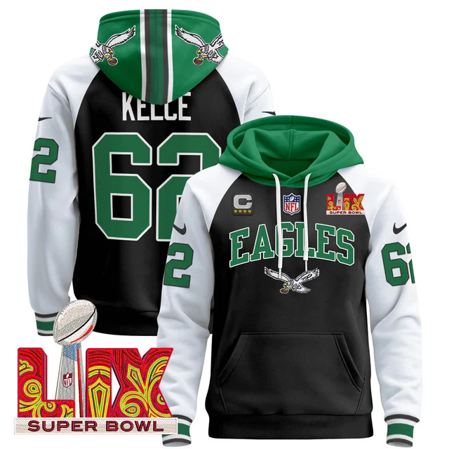 Men's Philadelphia Eagles Super Bowl LIX Patch Pullover Hoodie BLACK&WHITE #62 KELCE.webp