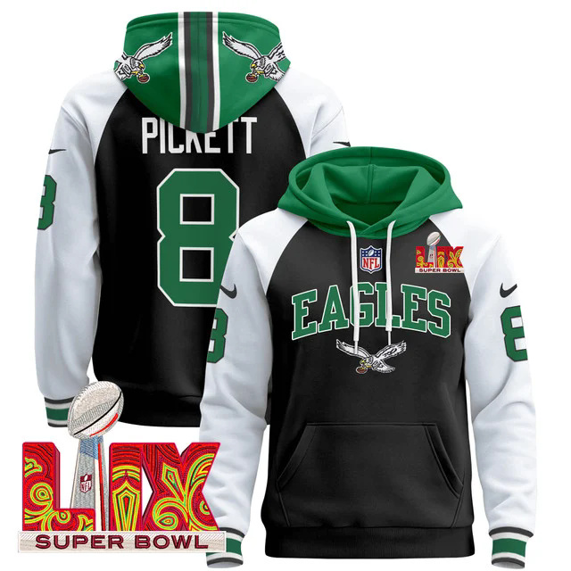 Men's Philadelphia Eagles Super Bowl LIX Patch Pullover Hoodie BLACK&WHITE #8 PICKETT.webp
