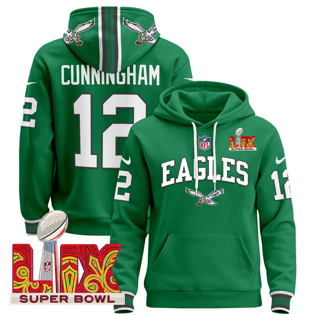 Men's Philadelphia Eagles Super Bowl LIX Patch Pullover Hoodie GREEN #12 CUNNINGHAM.webp