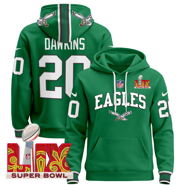 Men's Philadelphia Eagles Super Bowl LIX Patch Pullover Hoodie GREEN #20 DAWKINS.webp
