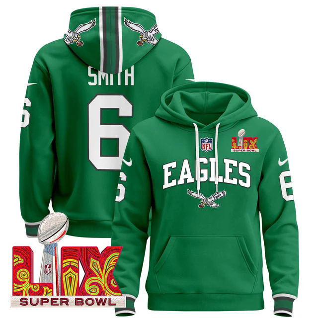Men's Philadelphia Eagles Super Bowl LIX Patch Pullover Hoodie GREEN #6 SMITH.webp