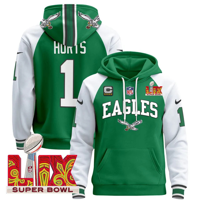 Men's Philadelphia Eagles Super Bowl LIX Patch Pullover Hoodie GREEN&WHITE #1 HURTS.webp