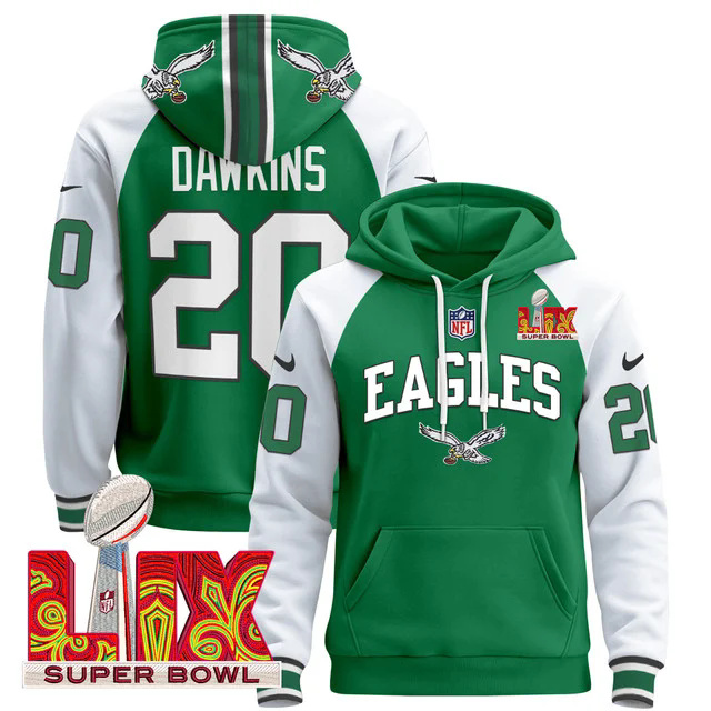 Men's Philadelphia Eagles Super Bowl LIX Patch Pullover Hoodie GREEN&WHITE #20 DAWKINS.webp