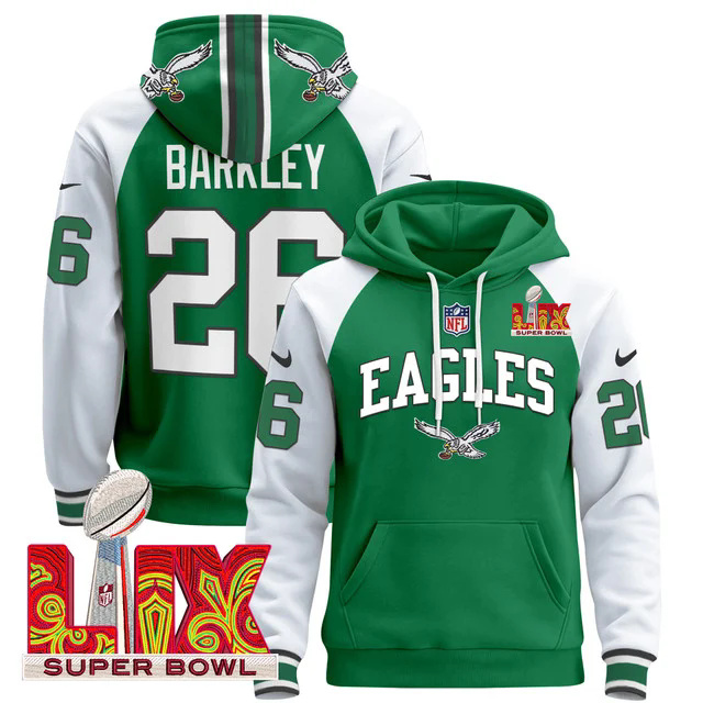 Men's Philadelphia Eagles Super Bowl LIX Patch Pullover Hoodie GREEN&WHITE #26 BARKLEY.webp