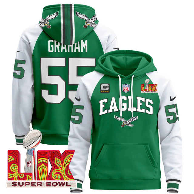 Men's Philadelphia Eagles Super Bowl LIX Patch Pullover Hoodie GREEN&WHITE #55 GRAHAM.webp