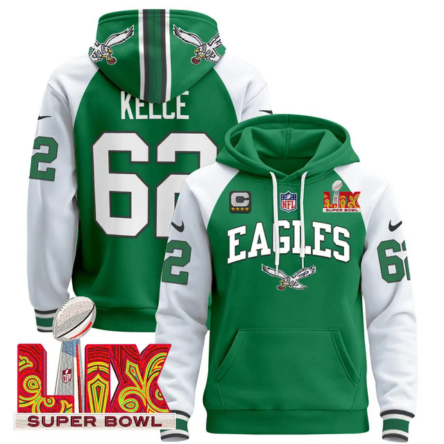 Men's Philadelphia Eagles Super Bowl LIX Patch Pullover Hoodie GREEN&WHITE #62 KELCE.webp