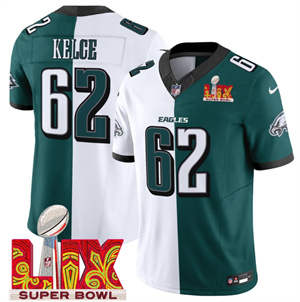 Men's Philadelphia Eagles Super Bowl LIX Patch Vapor Limited Jersey - All Stitched Green Alternate  Split Jason Kelce
