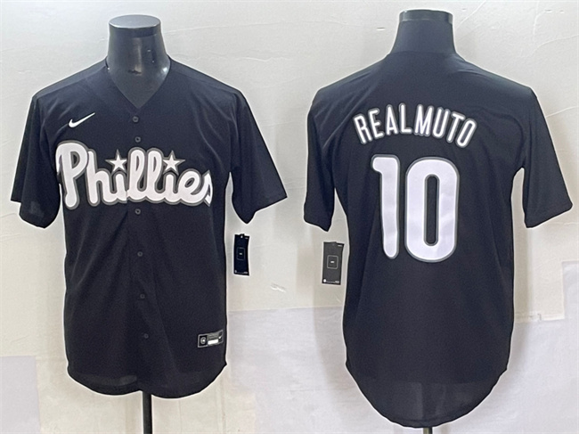 Men's Philadelphia Phillies #10 J.T. Realmuto Black Lights Out Limited Stitched Baseball Jersey