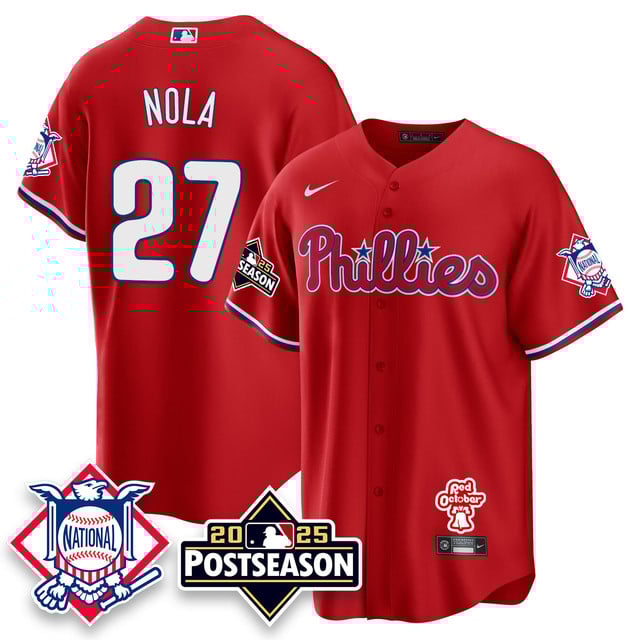 Men's Philadelphia Phillies 2025 Postseason Jersey red #27 Aaron Nola