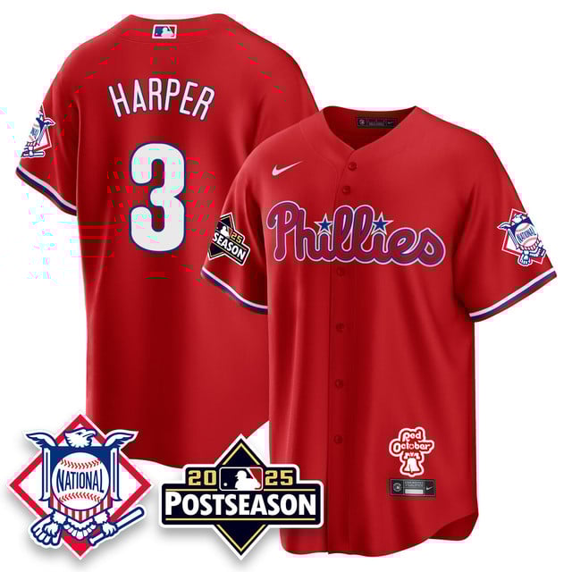 Men's Philadelphia Phillies 2025 Postseason Jersey red #3 Bryce Harper