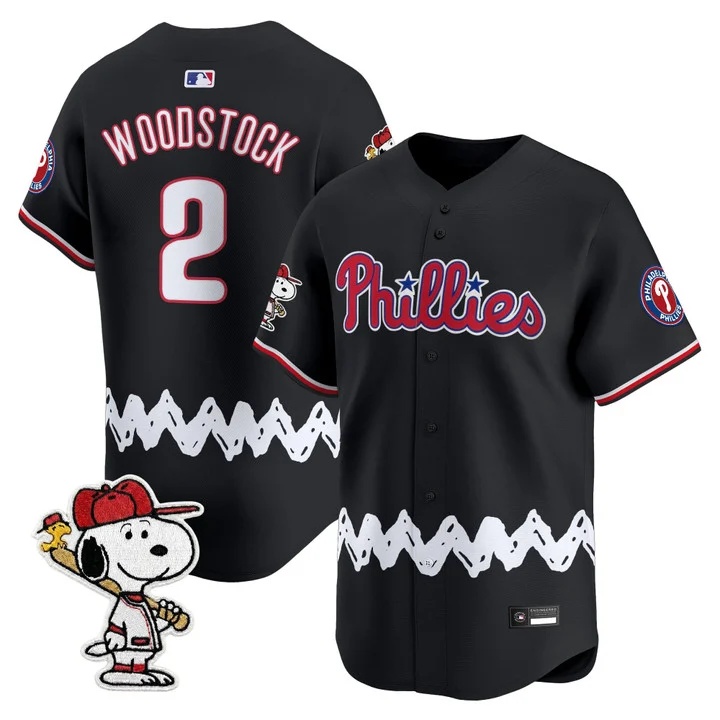 Men's Philadelphia Phillies x Peanuts Vapor Premier Limited Jersey BLACK#2 WOODSTOCK