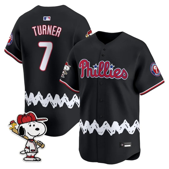 Men's Philadelphia Phillies x Peanuts Vapor Premier Limited Jersey BLACK#7 TREA TURNER