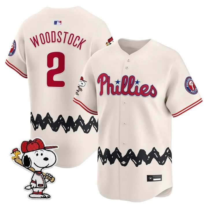Men's Philadelphia Phillies x Peanuts Vapor Premier Limited Jersey CREAM#2 WOODSTOCK