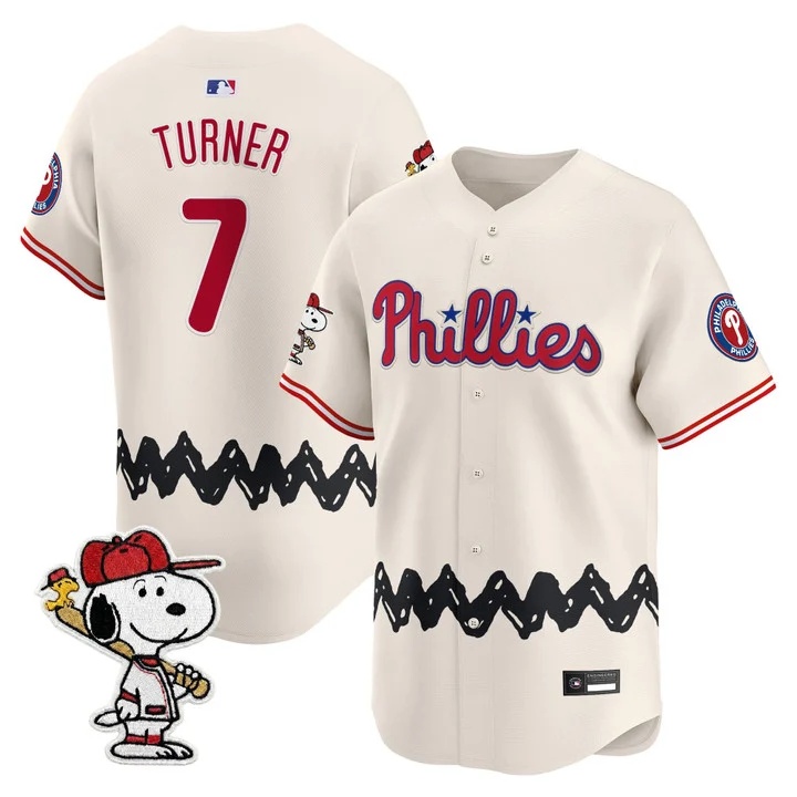 Men's Philadelphia Phillies x Peanuts Vapor Premier Limited Jersey CREAM#7 TREA TURNER