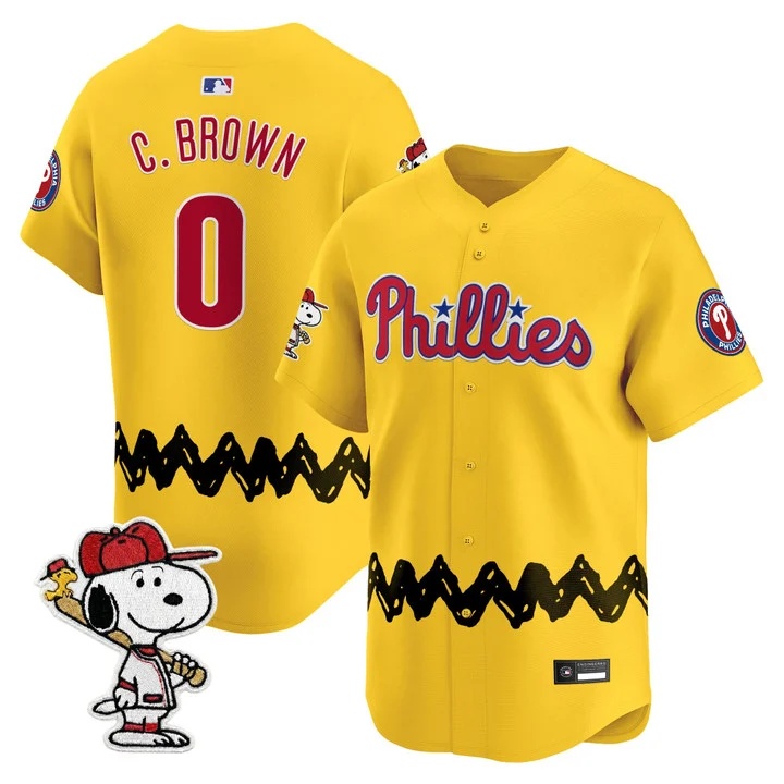 Men's Philadelphia Phillies x Peanuts Vapor Premier Limited Jersey GOLD#0 CHARLIE BROWN