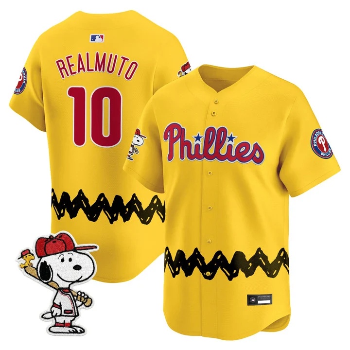 Men's Philadelphia Phillies x Peanuts Vapor Premier Limited Jersey GOLD#10 J.T.REALMUTO