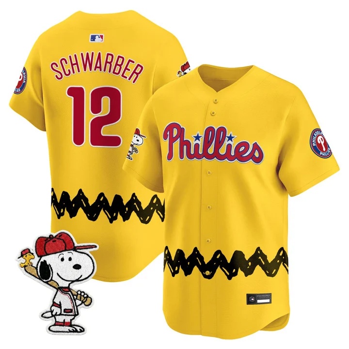 Men's Philadelphia Phillies x Peanuts Vapor Premier Limited Jersey GOLD#12 KYLE SCHWARBER