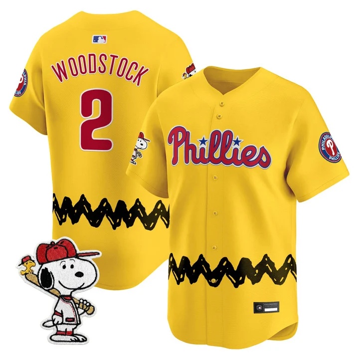 Men's Philadelphia Phillies x Peanuts Vapor Premier Limited Jersey GOLD#2 WOODSTOCK