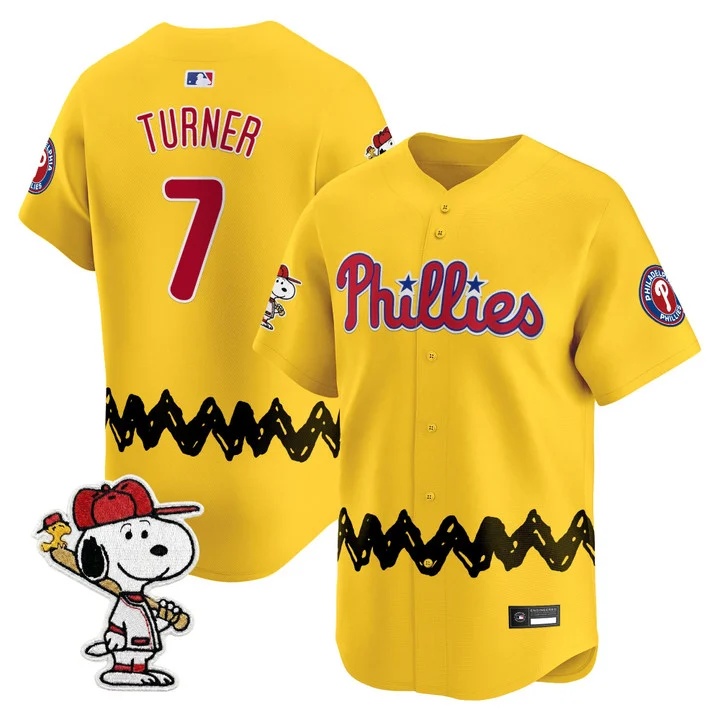 Men's Philadelphia Phillies x Peanuts Vapor Premier Limited Jersey GOLD#7 TREA TURNER