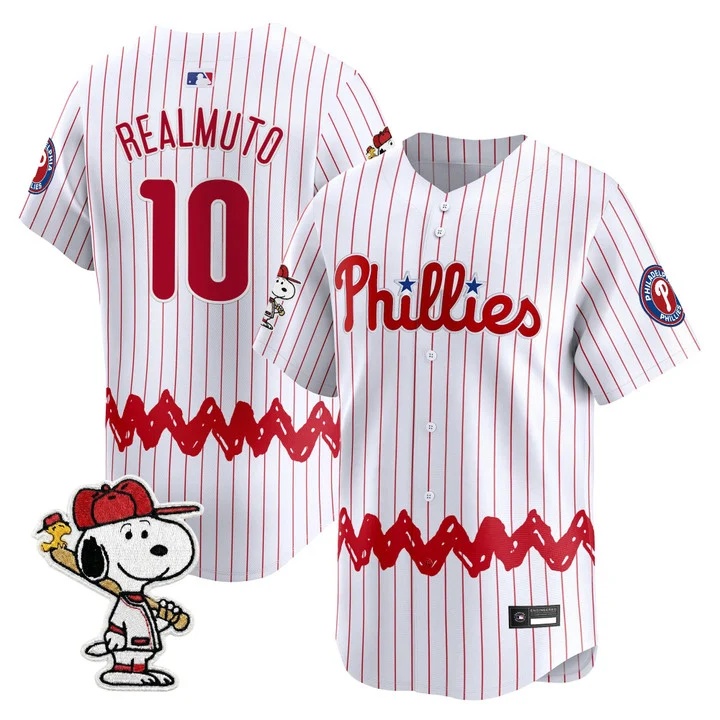 Men's Philadelphia Phillies x Peanuts Vapor Premier Limited Jersey PINSTRIPE#10 J.T.REALMUTO