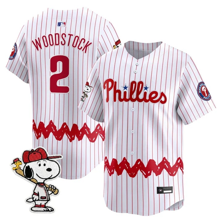 Men's Philadelphia Phillies x Peanuts Vapor Premier Limited Jersey PINSTRIPE#2 WOODSTOCK