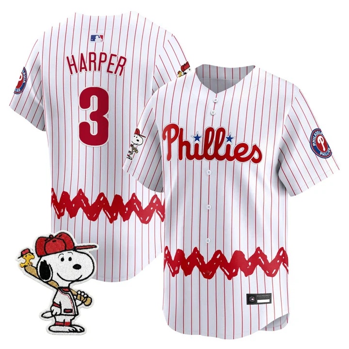 Men's Philadelphia Phillies x Peanuts Vapor Premier Limited Jersey PINSTRIPE#3 BRYCE HARPER