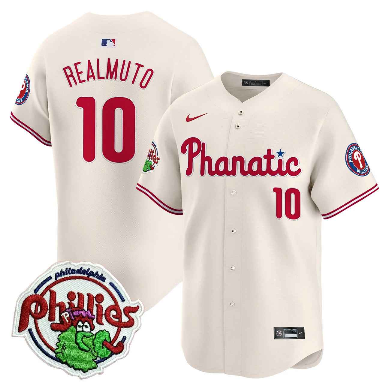 Men's Phillies Phanatic Patch Vapor Premier Limited Jersey CREAM #10 J.T. REALMUTO