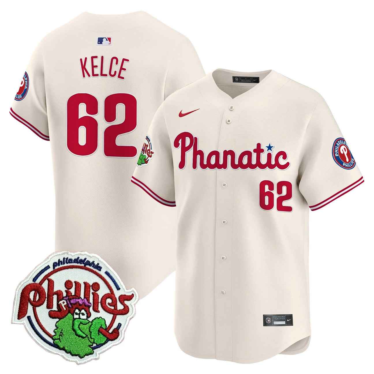 Men's Phillies Phanatic Patch Vapor Premier Limited Jersey CREAM #62 JASON KELCE