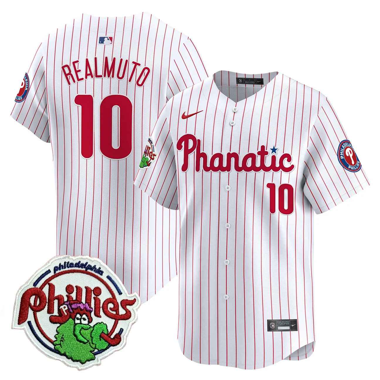 Men's Phillies Phanatic Patch Vapor Premier Limited Jersey PINSTRIPE #10 J.T. REALMUTO