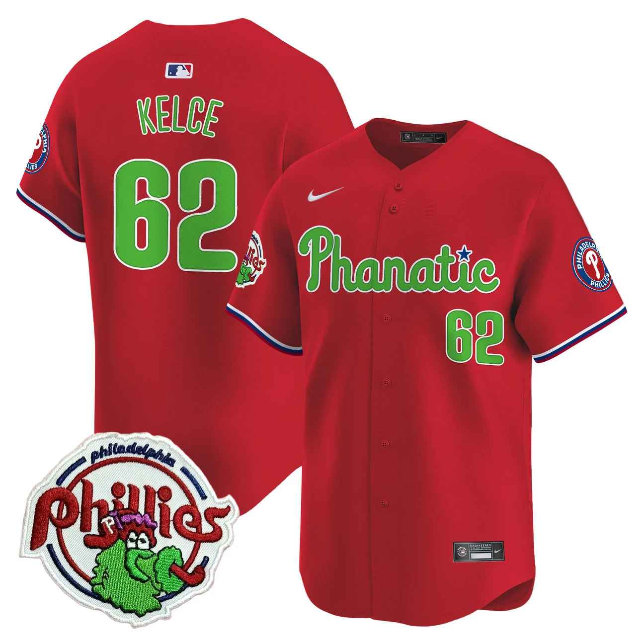 Men's Phillies Phanatic Patch Vapor Premier Limited Jersey RED #62 JASON KELCE