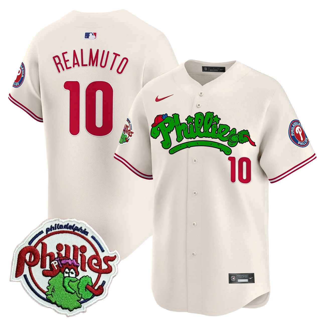 Men's Phillies Phanatic Patch Vapor Premier Limited Jersey V2 CREAM #10 J.T. REALMUTO