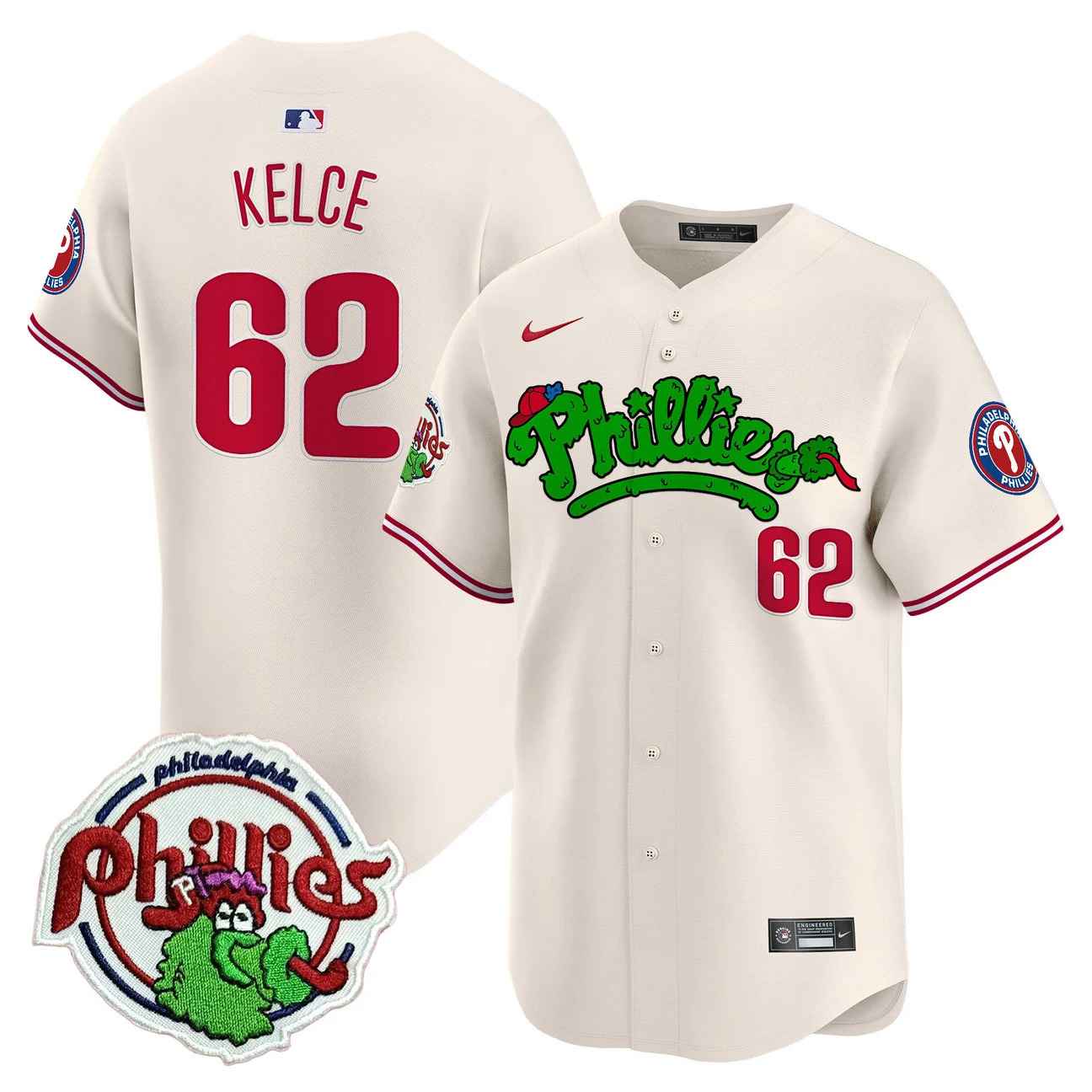 Men's Phillies Phanatic Patch Vapor Premier Limited Jersey V2 CREAM #62 JASON KELCE