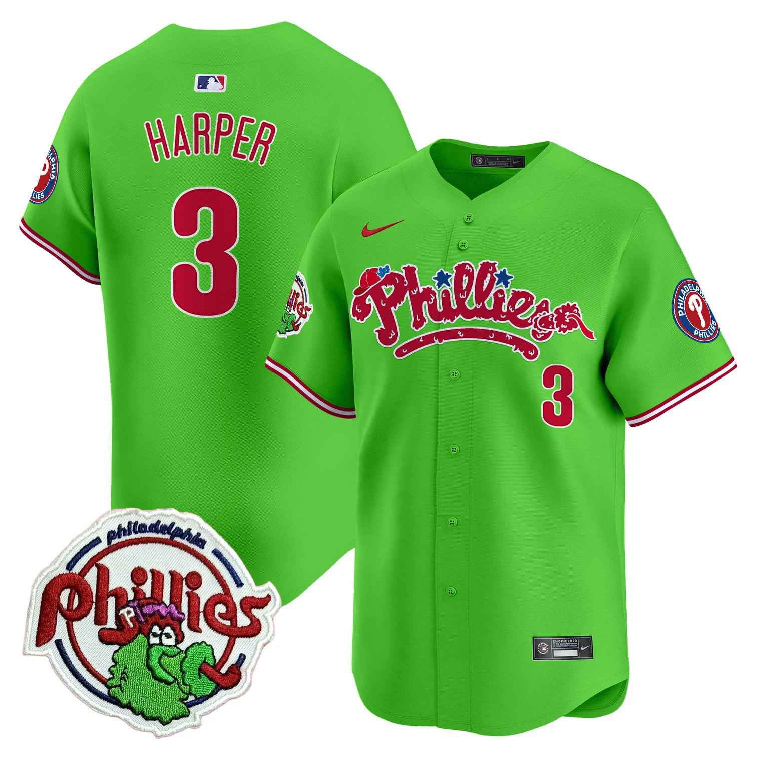 Men's Phillies Phanatic Patch Vapor Premier Limited Jersey V2 GREEN #3 BRYCE HARPER