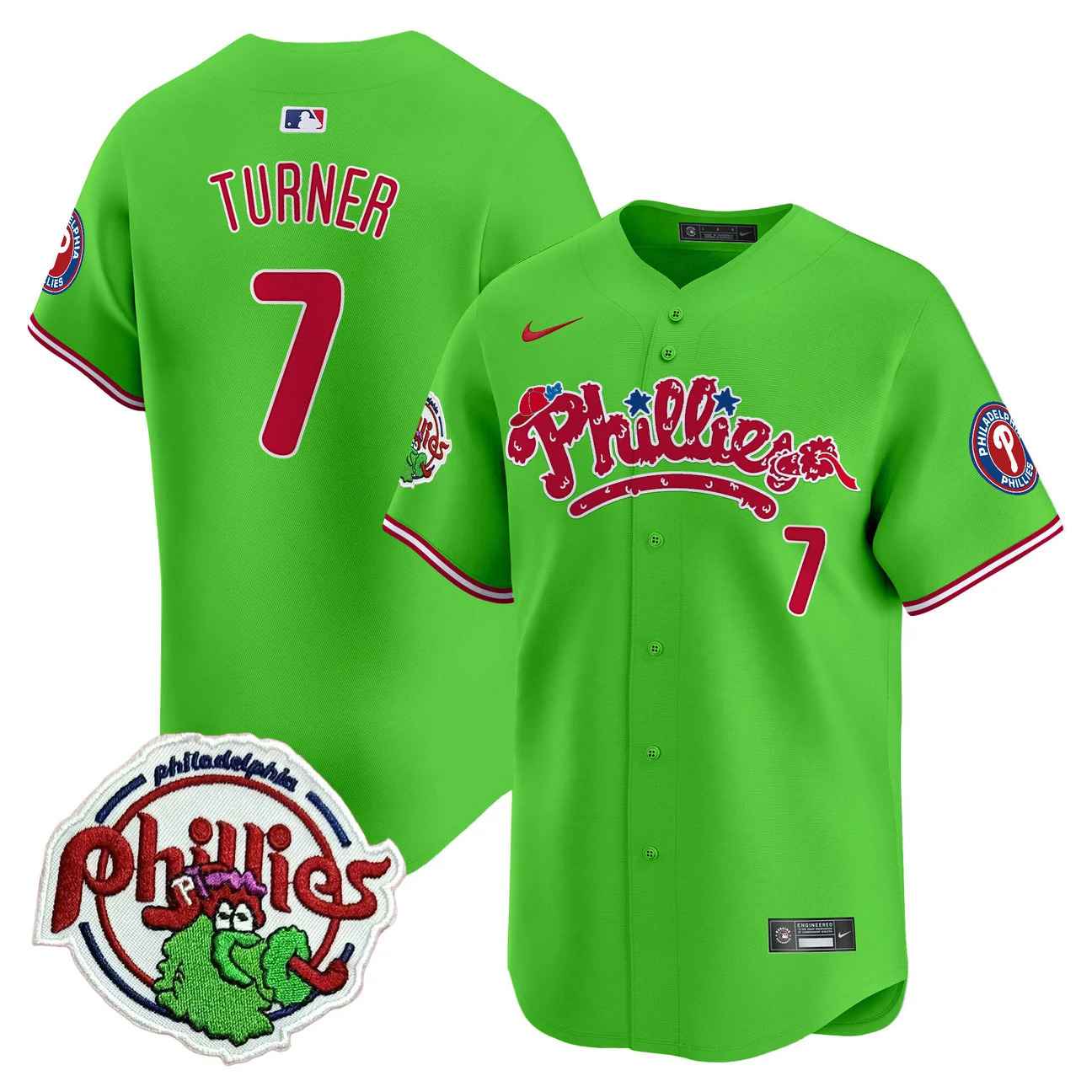 Men's Phillies Phanatic Patch Vapor Premier Limited Jersey V2 GREEN #7 TREA TURNER